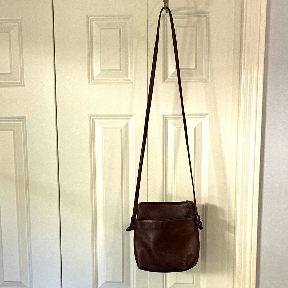 Brown Solid Crossbody Bag Zip Closure Inner Pockets Black Lined Gold Hardware